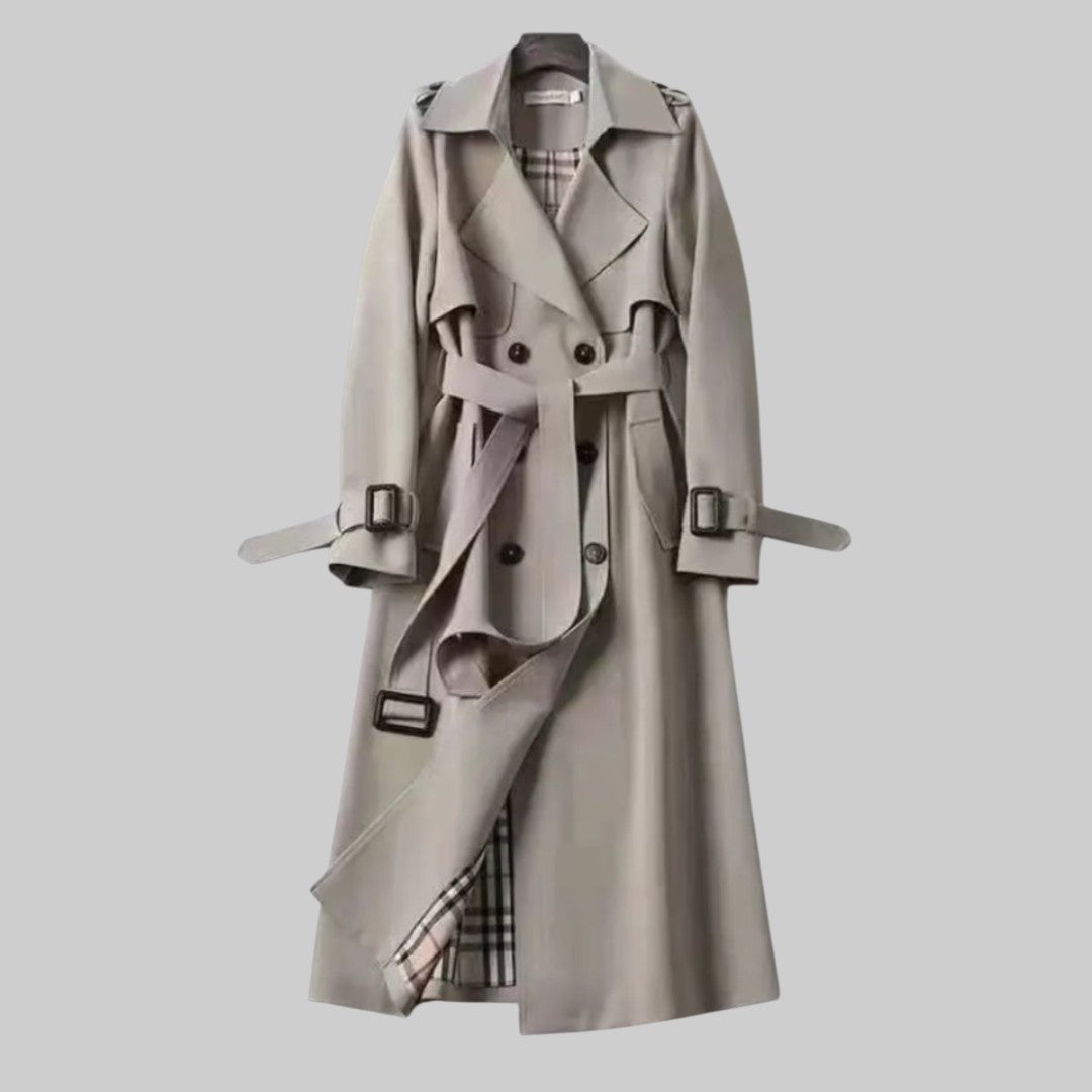 Dames Trenchcoat Lang Dubbele Knoopsluiting Tailleband Klassiek Elegant Tijdloos Beige Zwart Grijs Overjas | Sulvida