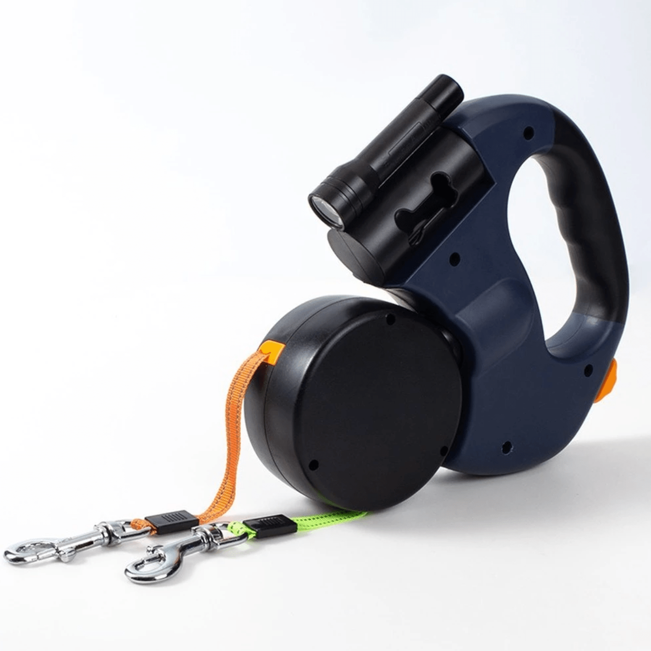 Intrekbare Dubbele Hondenriem met Zaklamp en 360° Draaifunctie voor Twee Honden tot 40 kg per Hond - Ontwarringsmechanisme Reflecterende Strips Eenhandige Bediening Veilige Avondwandeling | Sulvida