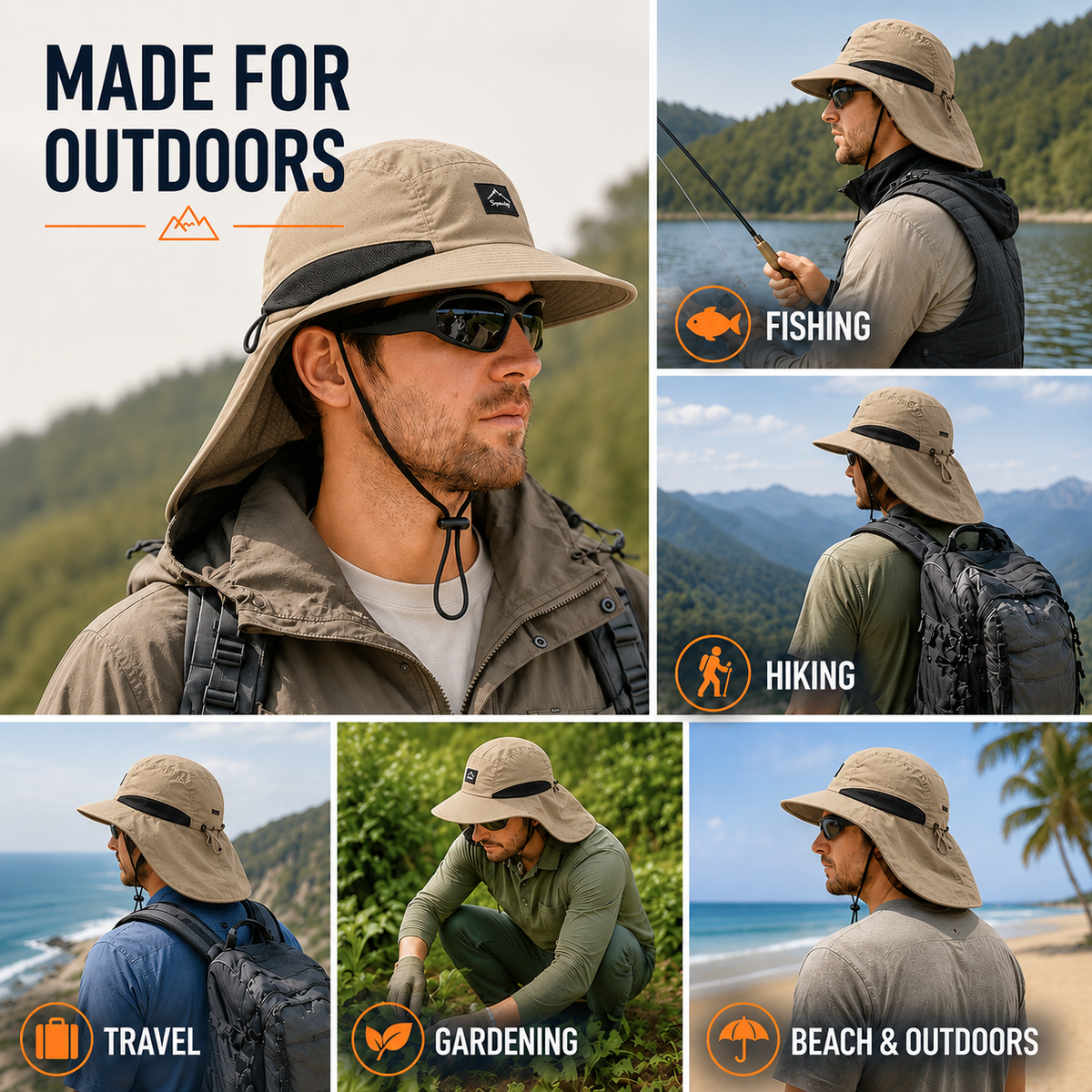 Zonnebescherming Hoed met Nekflap UPF 50+ UV-Blokkering Wandelcap Outdoor Ademend Unisex Brimveil Zomerhoed | Sulvida