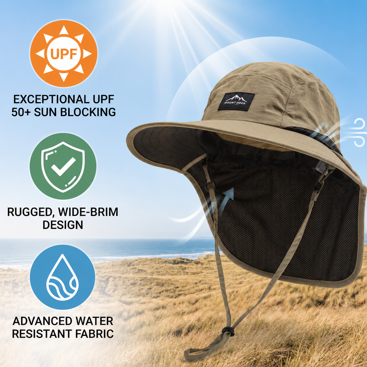 Zonnebescherming Hoed met Nekflap UPF 50+ UV-Blokkering Wandelcap Outdoor Ademend Unisex Brimveil Zomerhoed | Sulvida