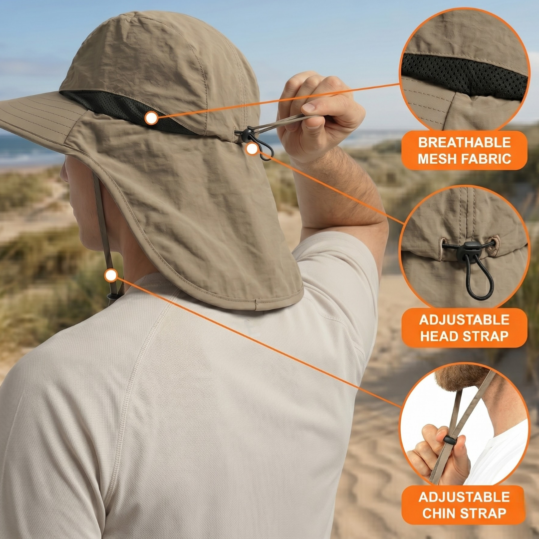 Zonnebescherming Hoed met Nekflap UPF 50+ UV-Blokkering Wandelcap Outdoor Ademend Unisex Brimveil Zomerhoed | Sulvida