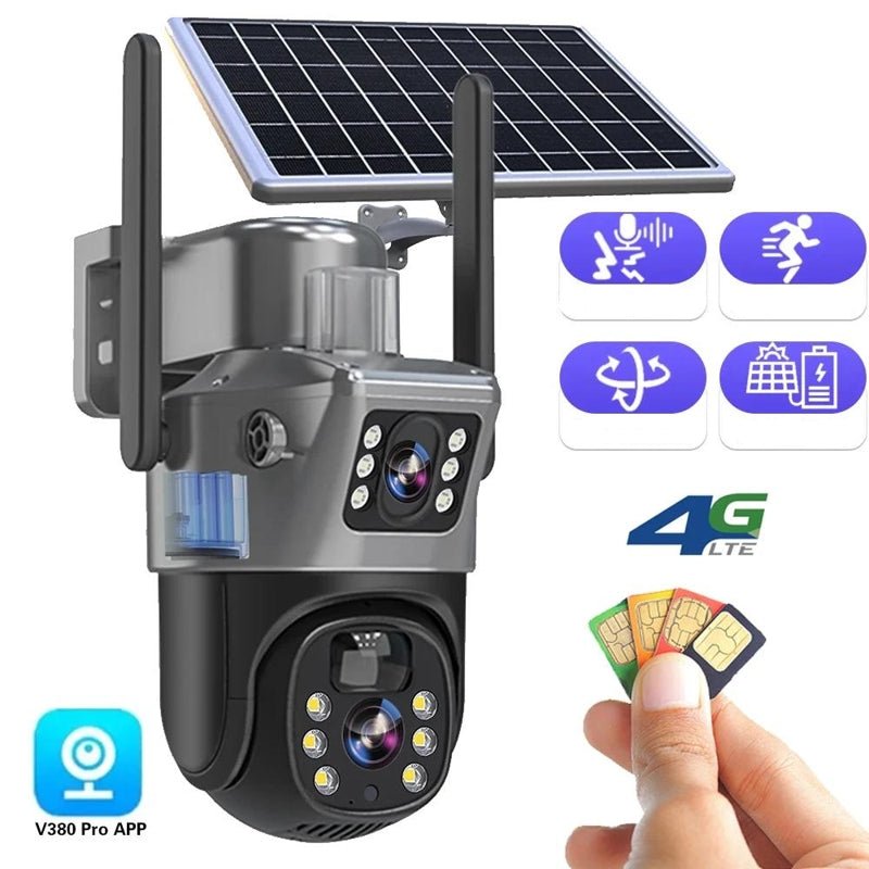 Draadloze 4K Beveiligingscamera op Zonne-energie – Dubbele Lens met 10× Zoom – WiFi of 4G Outdoor Bewaking | Sulvida