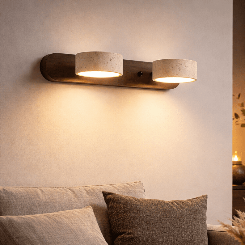 Wandlamp Travertin met Hout LED Verlichting Dubbel Licht Natuursteen Architecturaal Design Woonkamer Slaapkamer | Sulvida