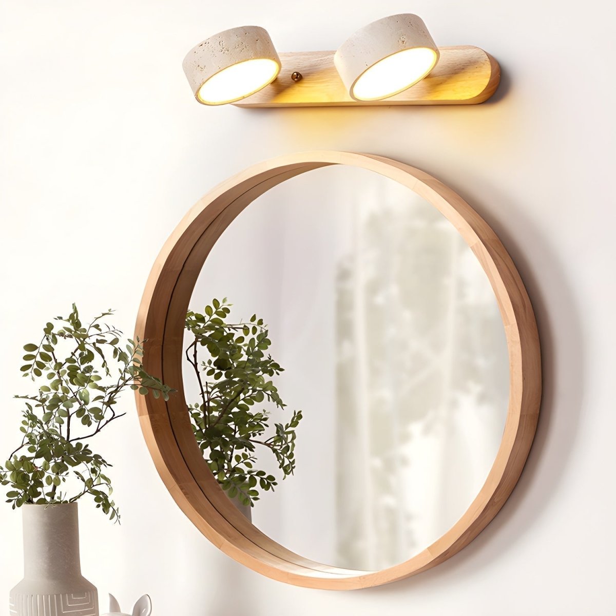 Wandlamp Travertin met Hout LED Verlichting Dubbel Licht Natuursteen Architecturaal Design Woonkamer Slaapkamer | Sulvida