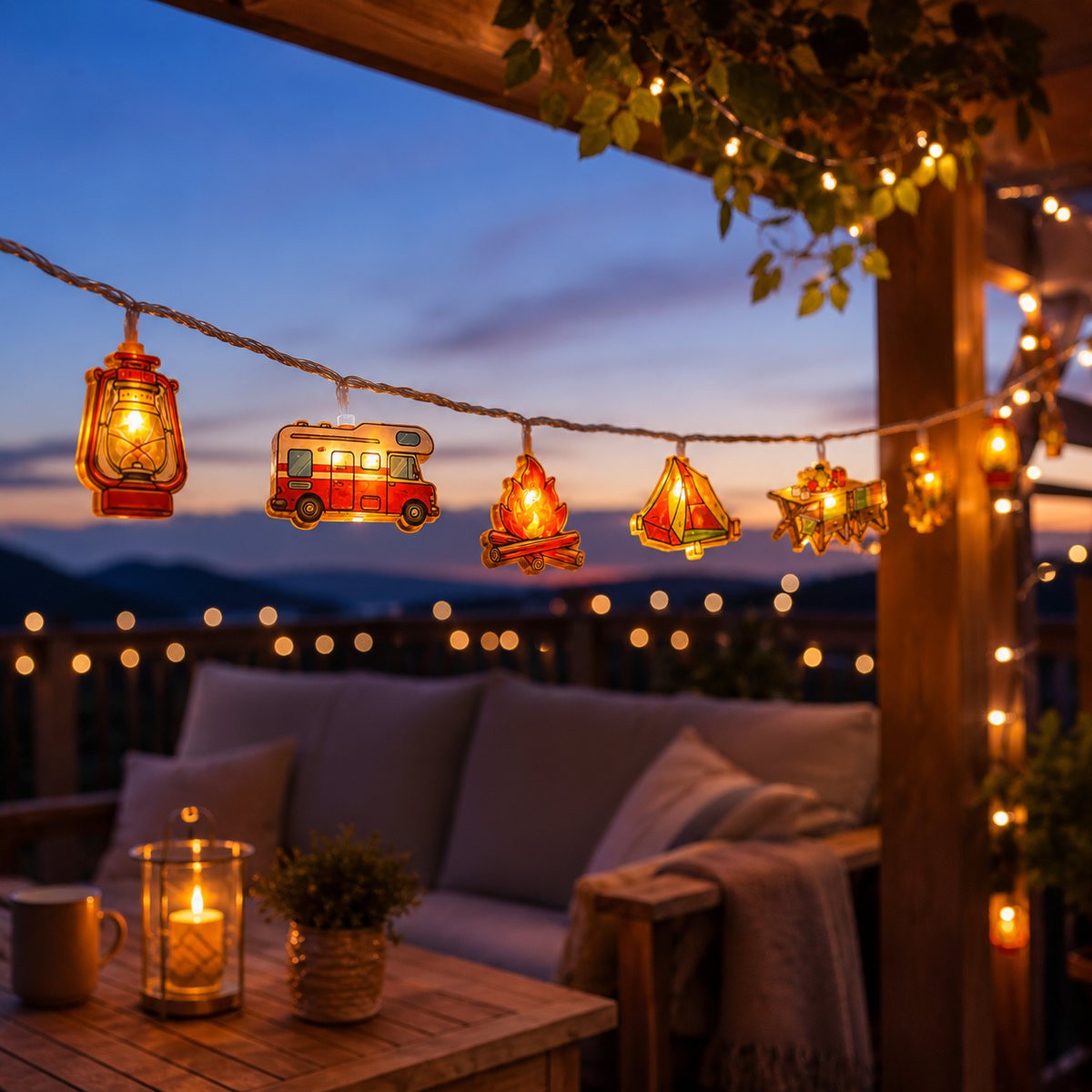 Campinglichtslinger met Tentmotieven Warm Wit LED op Batterijen 1,5m 3m 6m Sfeerlicht Outdoor Decoratie | Sulvida