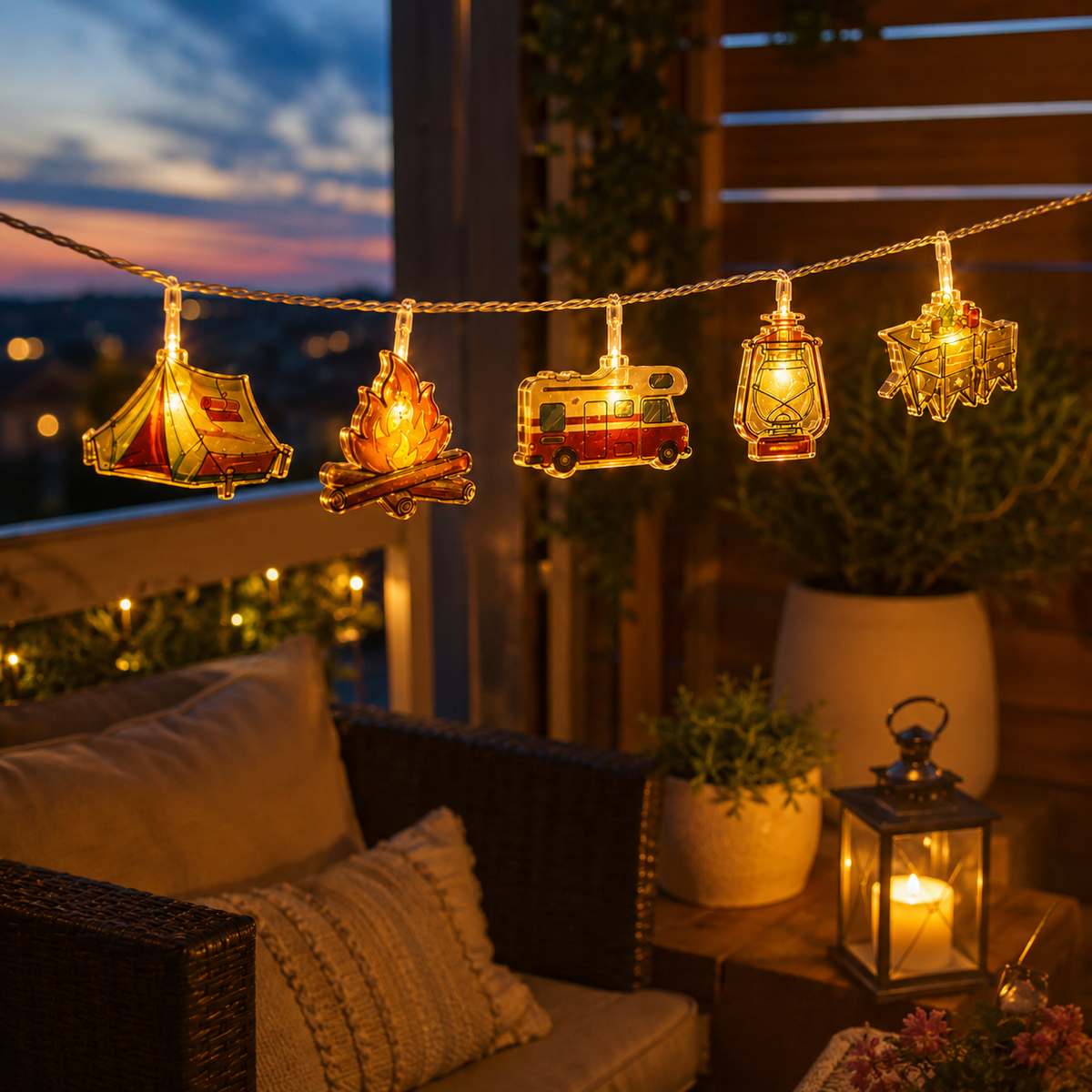 Campinglichtslinger met Tentmotieven Warm Wit LED op Batterijen 1,5m 3m 6m Sfeerlicht Outdoor Decoratie | Sulvida