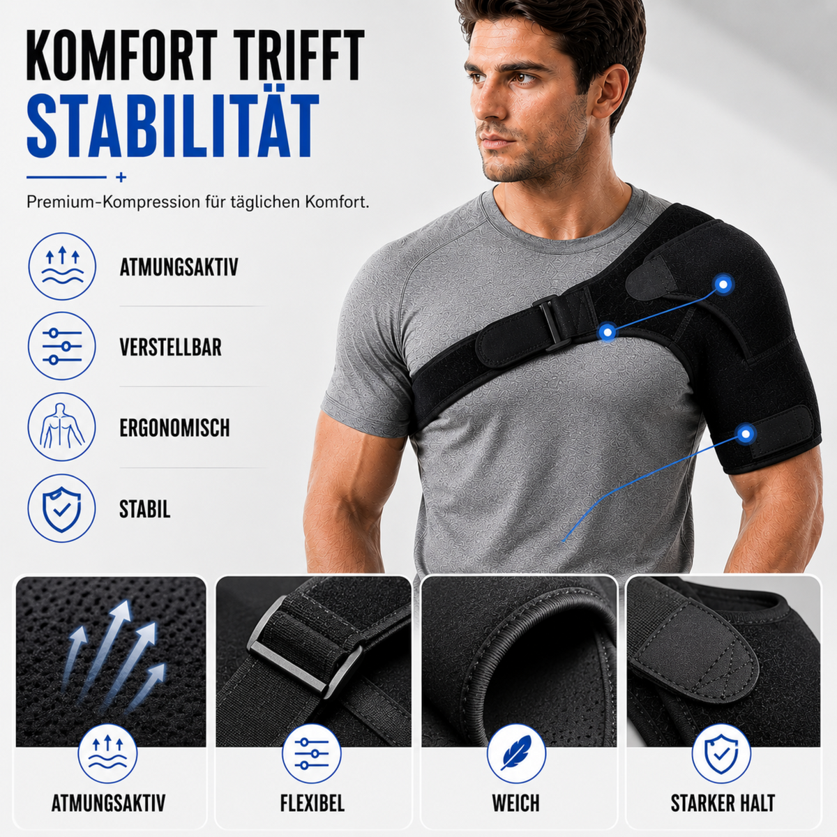 Orthèse d’épaule orthopédique réglable, noire, droite ou gauche, compression, stabilisation, récupération, confort et maintien | Sulvida