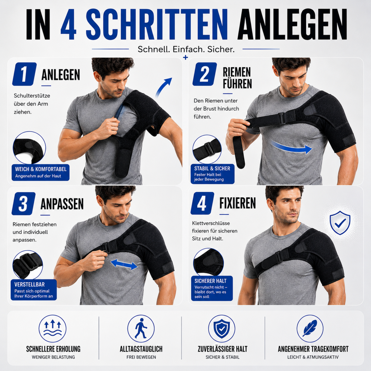 Orthèse d’épaule orthopédique réglable, noire, droite ou gauche, compression, stabilisation, récupération, confort et maintien | Sulvida