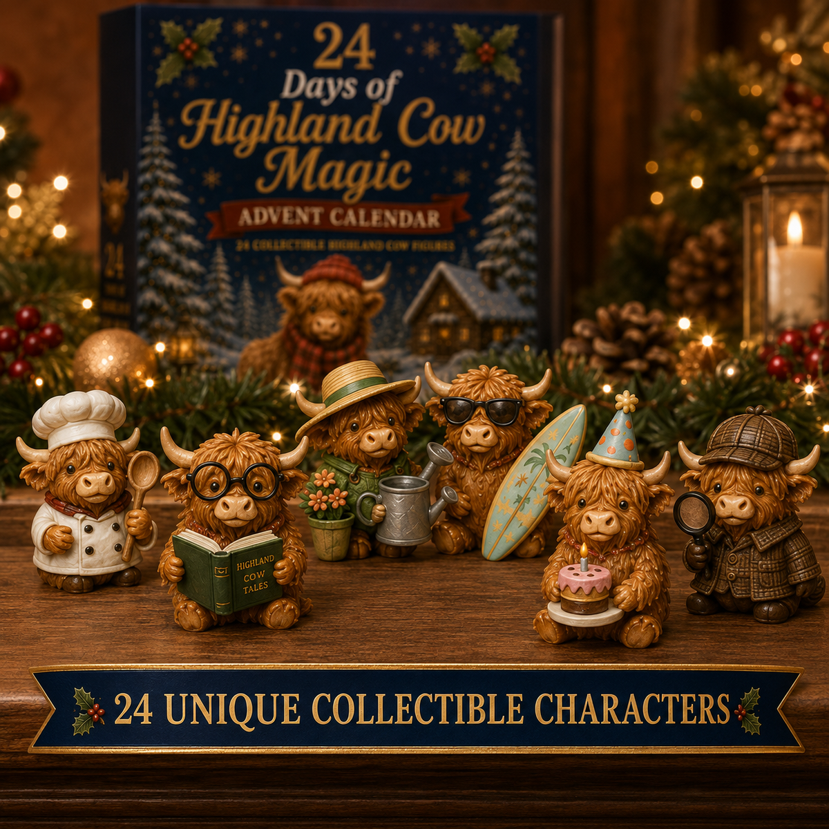 Adventskalender Highland Koe 24 Dagen Kerst Verzamelfiguren Countdown Decoratie Cadeau Dierenliefhebbers | Sulvida