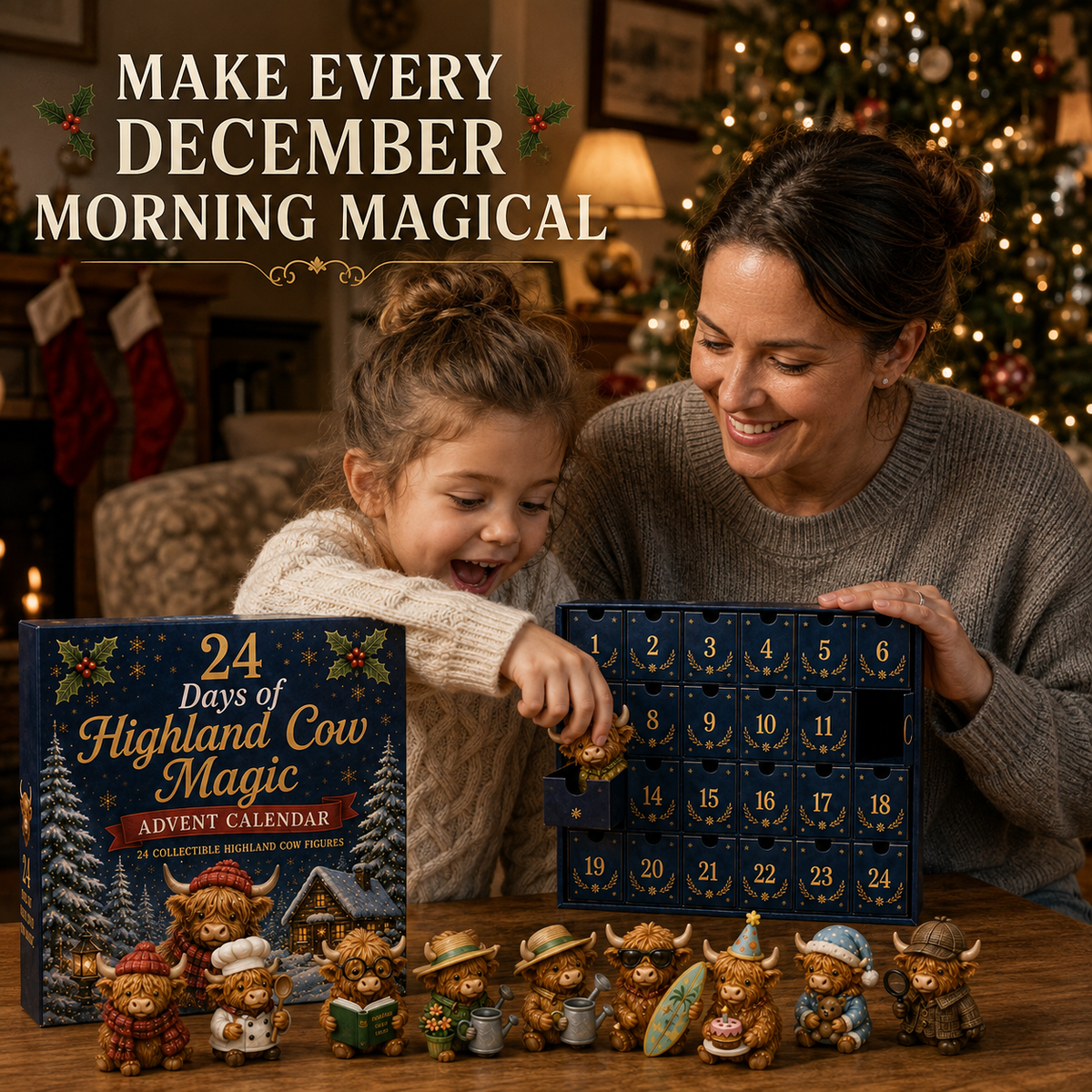 Adventskalender Highland Koe 24 Dagen Kerst Verzamelfiguren Countdown Decoratie Cadeau Dierenliefhebbers | Sulvida