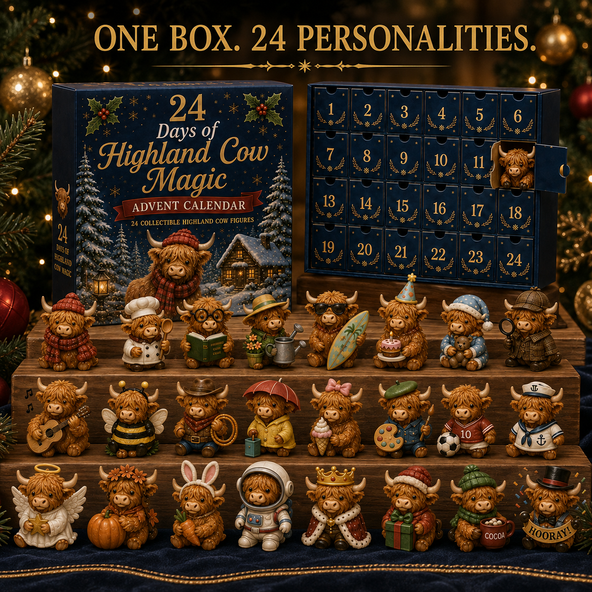 Adventskalender Highland Koe 24 Dagen Kerst Verzamelfiguren Countdown Decoratie Cadeau Dierenliefhebbers | Sulvida