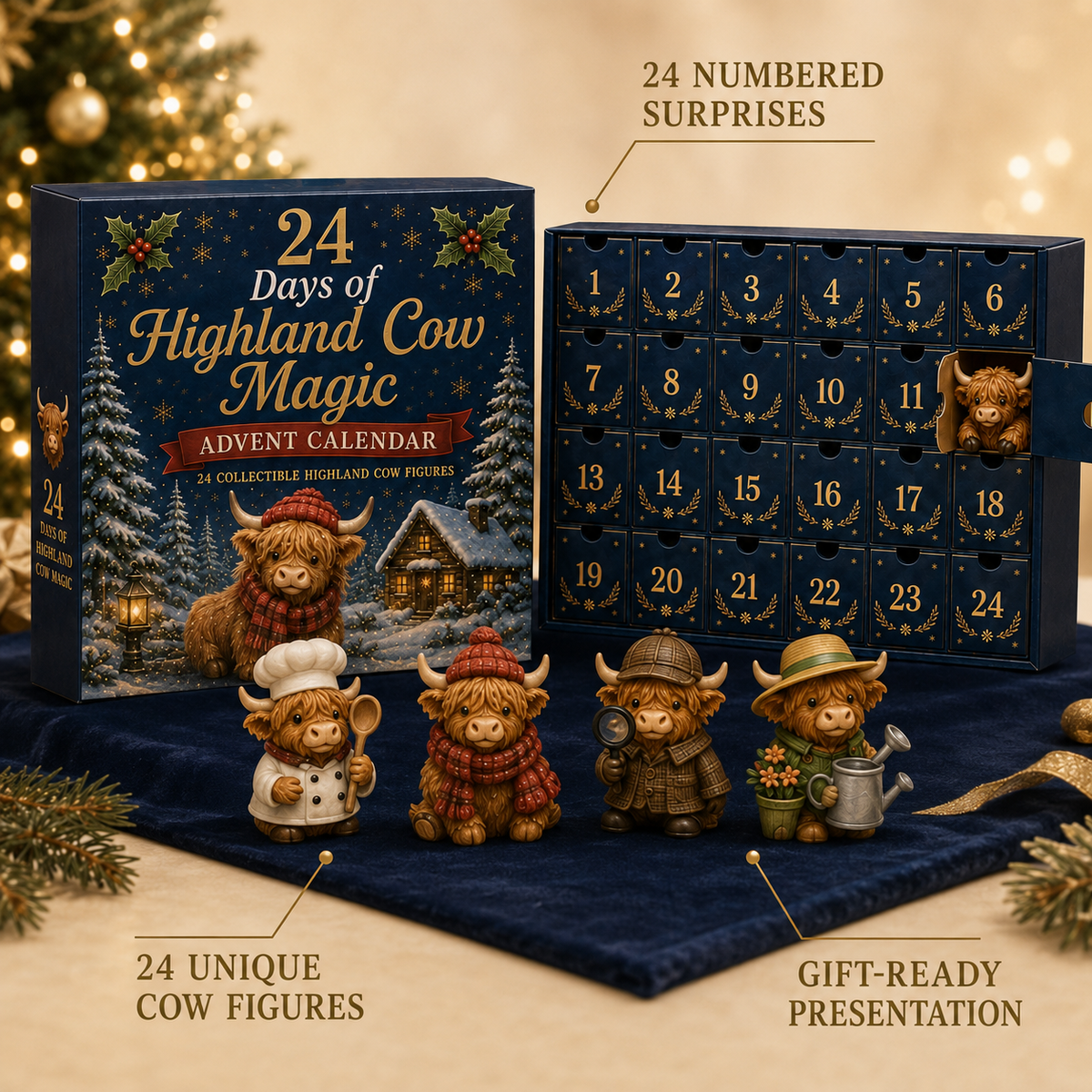 Adventskalender Highland Koe 24 Dagen Kerst Verzamelfiguren Countdown Decoratie Cadeau Dierenliefhebbers | Sulvida