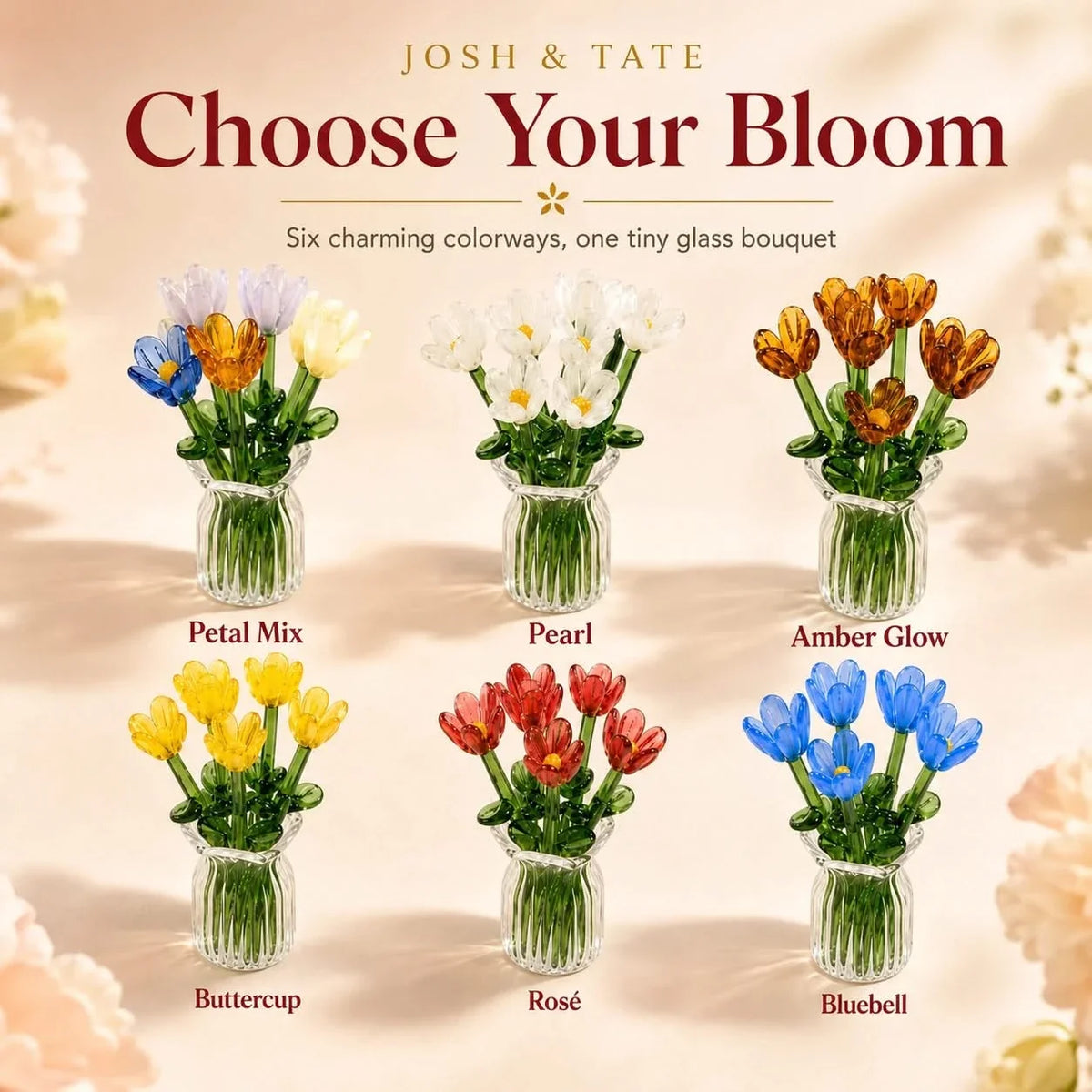 Glazen Bloemenboeket Decoratie 7 Bloemvormen Tulpen Set Handgemaakt Vaasje Pastelkleuren Tafelaccessoire | Sulvida