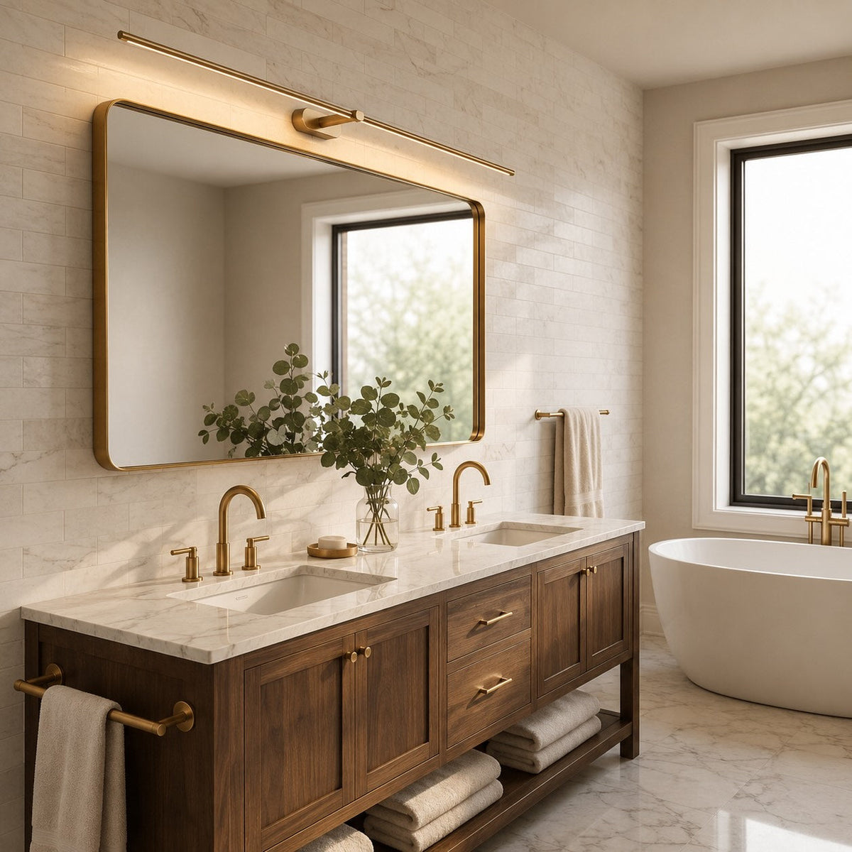 Applique murale LED linéaire de 68-127 cm, noir mat, blanc, doré ou nickel, à intensité variable, blanc chaud, froid ou neutre, moderne, pour salle de bain et miroir | Sulvida