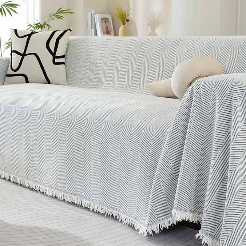 Chenille Plaid Visgraatmotief Franjes Woonkamer Bankovertrek Beschermer Luxe Deken Wit Grijs Decoratief | Sulvida