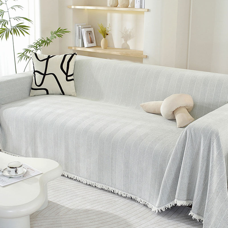Chenille Plaid Visgraatmotief Franjes Woonkamer Bankovertrek Beschermer Luxe Deken Wit Grijs Decoratief | Sulvida