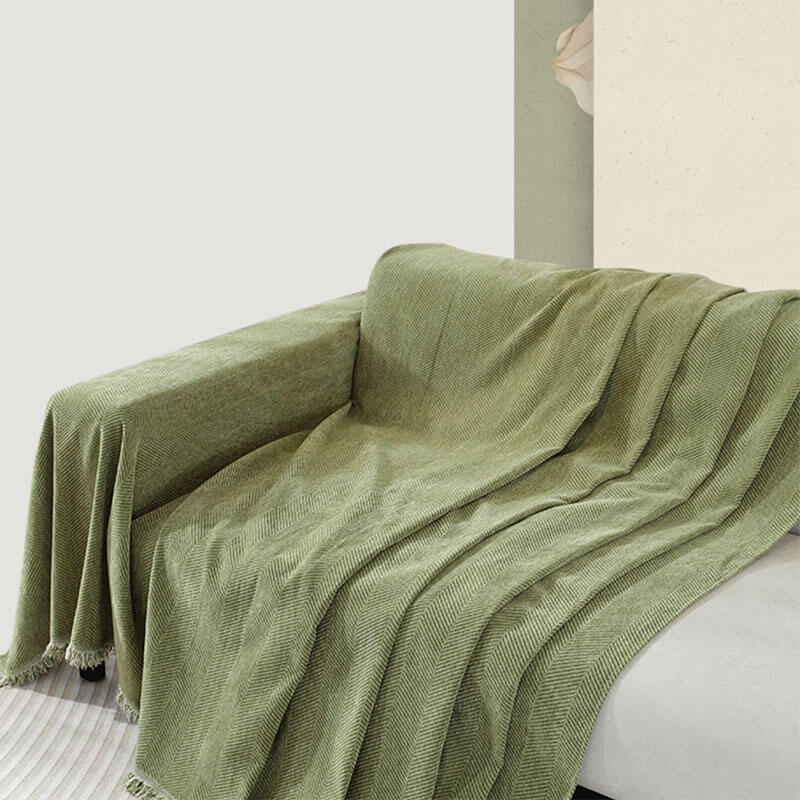 Chenille Plaid Visgraatmotief Franjes Woonkamer Bankovertrek Beschermer Luxe Deken Wit Grijs Decoratief | Sulvida