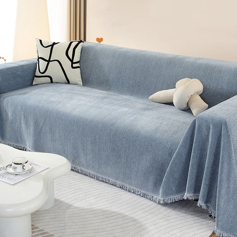 Chenille Plaid Visgraatmotief Franjes Woonkamer Bankovertrek Beschermer Luxe Deken Wit Grijs Decoratief | Sulvida