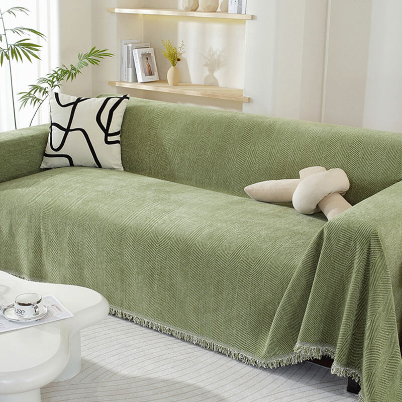 Chenille Plaid Visgraatmotief Franjes Woonkamer Bankovertrek Beschermer Luxe Deken Wit Grijs Decoratief | Sulvida