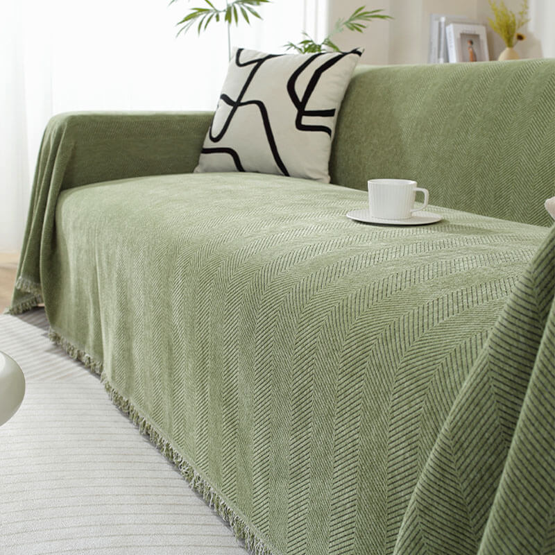 Chenille Plaid Visgraatmotief Franjes Woonkamer Bankovertrek Beschermer Luxe Deken Wit Grijs Decoratief | Sulvida