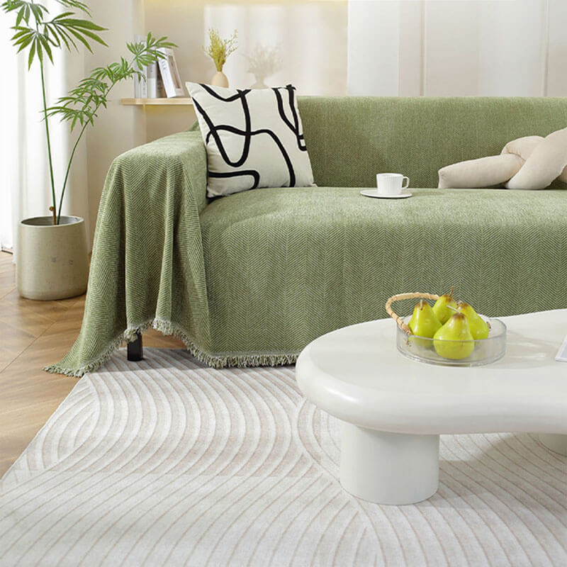 Chenille Plaid Visgraatmotief Franjes Woonkamer Bankovertrek Beschermer Luxe Deken Wit Grijs Decoratief | Sulvida