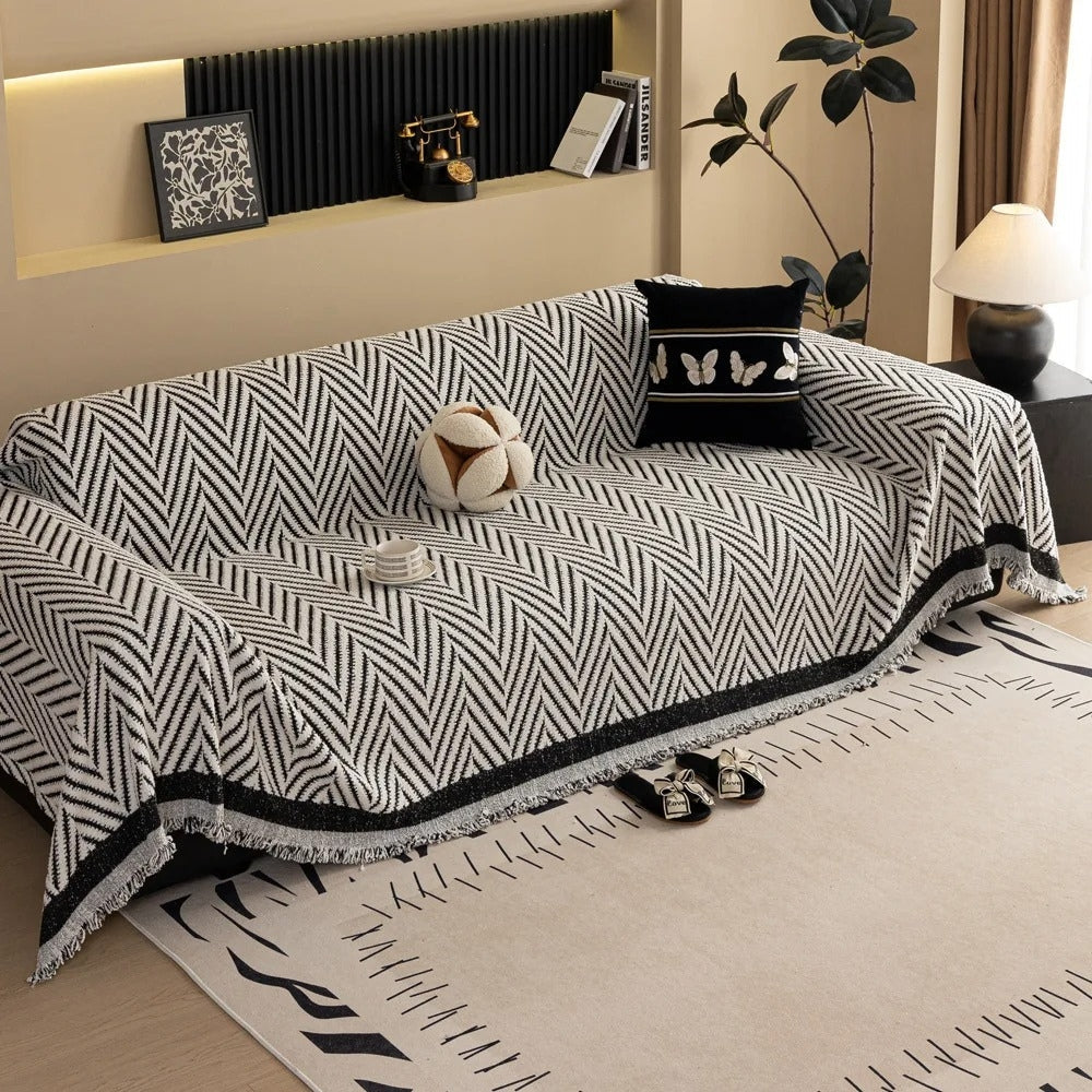 Chevron bankkleed met franjes terracotta ivoor antraciet jacquard geweven bankdeken decoratieve plaid woonkamer | Sulvida