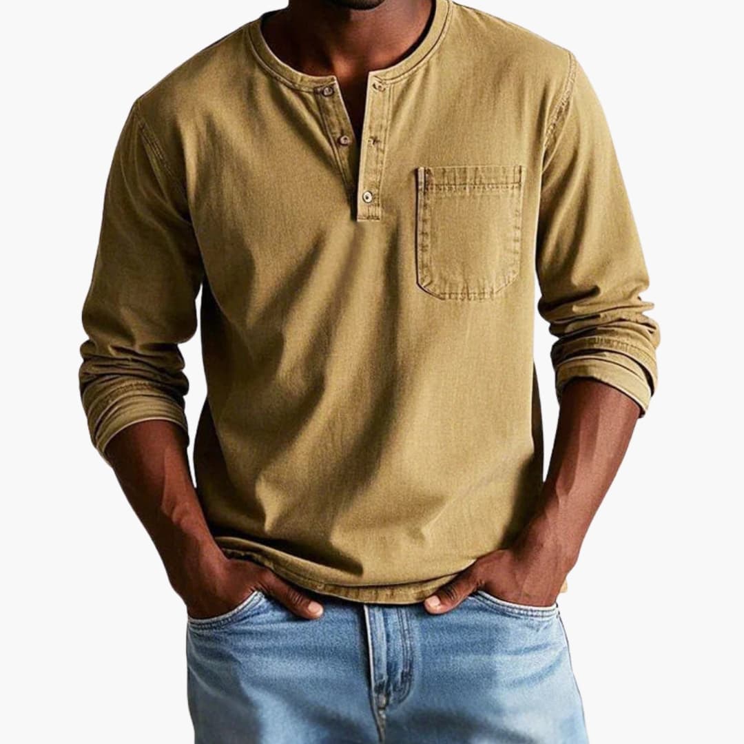 T-shirt Henley pour homme avec patte de boutonnage - Manches longues, poche poitrine, décontracté, coton uni, confortable et élégant | Sulvida