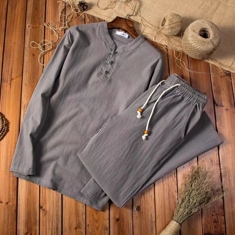 Herenkostuum Twee Delig Staande Kraag Shirt Koordbroek Effen Casual Loungeset Comfortabele Huiskleding | Sulvida