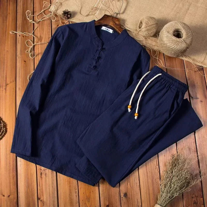 Herenkostuum Twee Delig Staande Kraag Shirt Koordbroek Effen Casual Loungeset Comfortabele Huiskleding | Sulvida