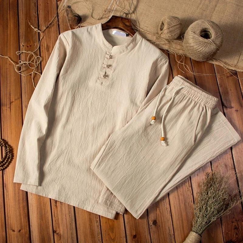 Herenkostuum Twee Delig Staande Kraag Shirt Koordbroek Effen Casual Loungeset Comfortabele Huiskleding | Sulvida