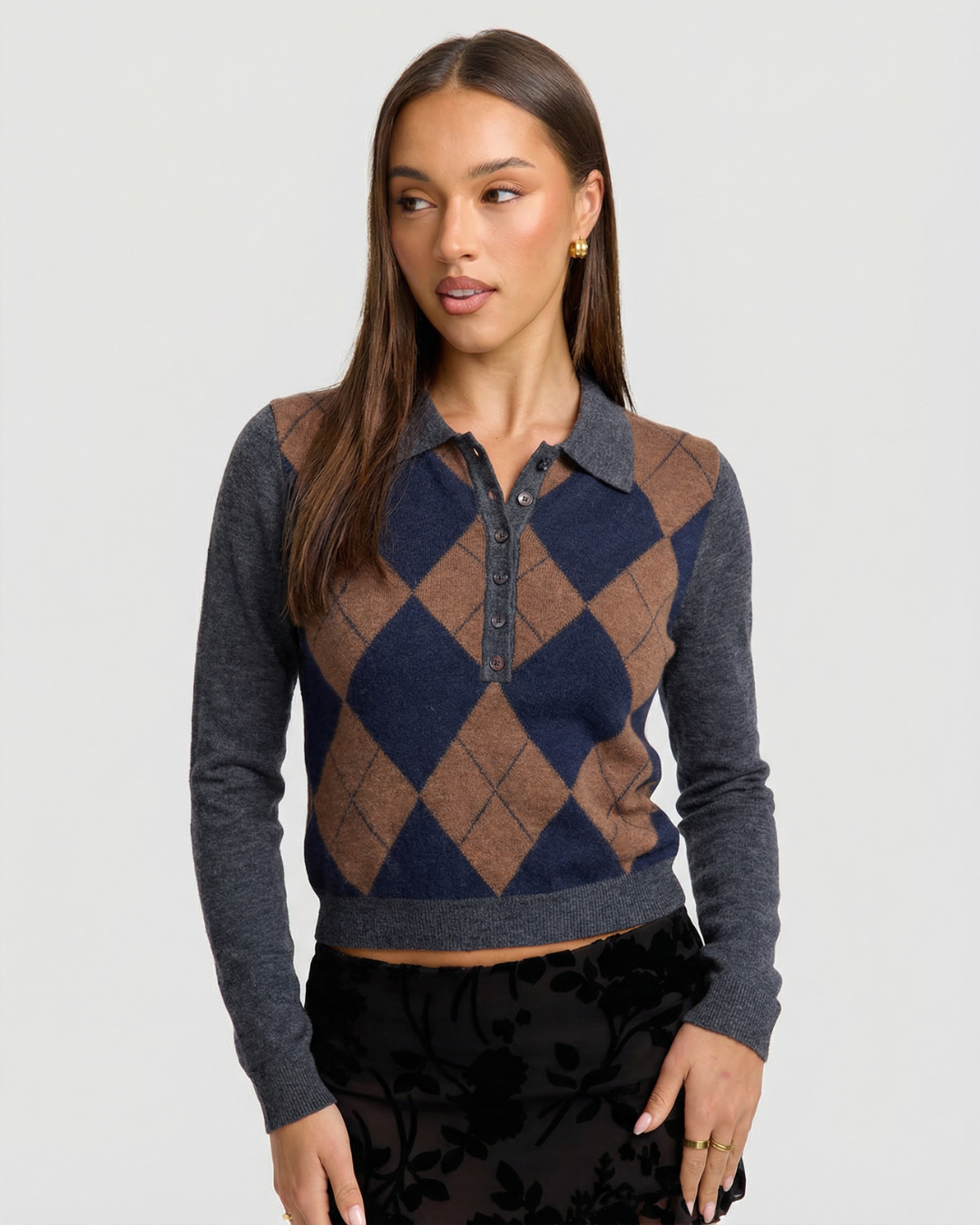 Gebreide Polo Trui met Klassiek Ruitmotief Knoopsluiting Casual Elegantie Dames Comfortabele Pasvorm | Sulvida