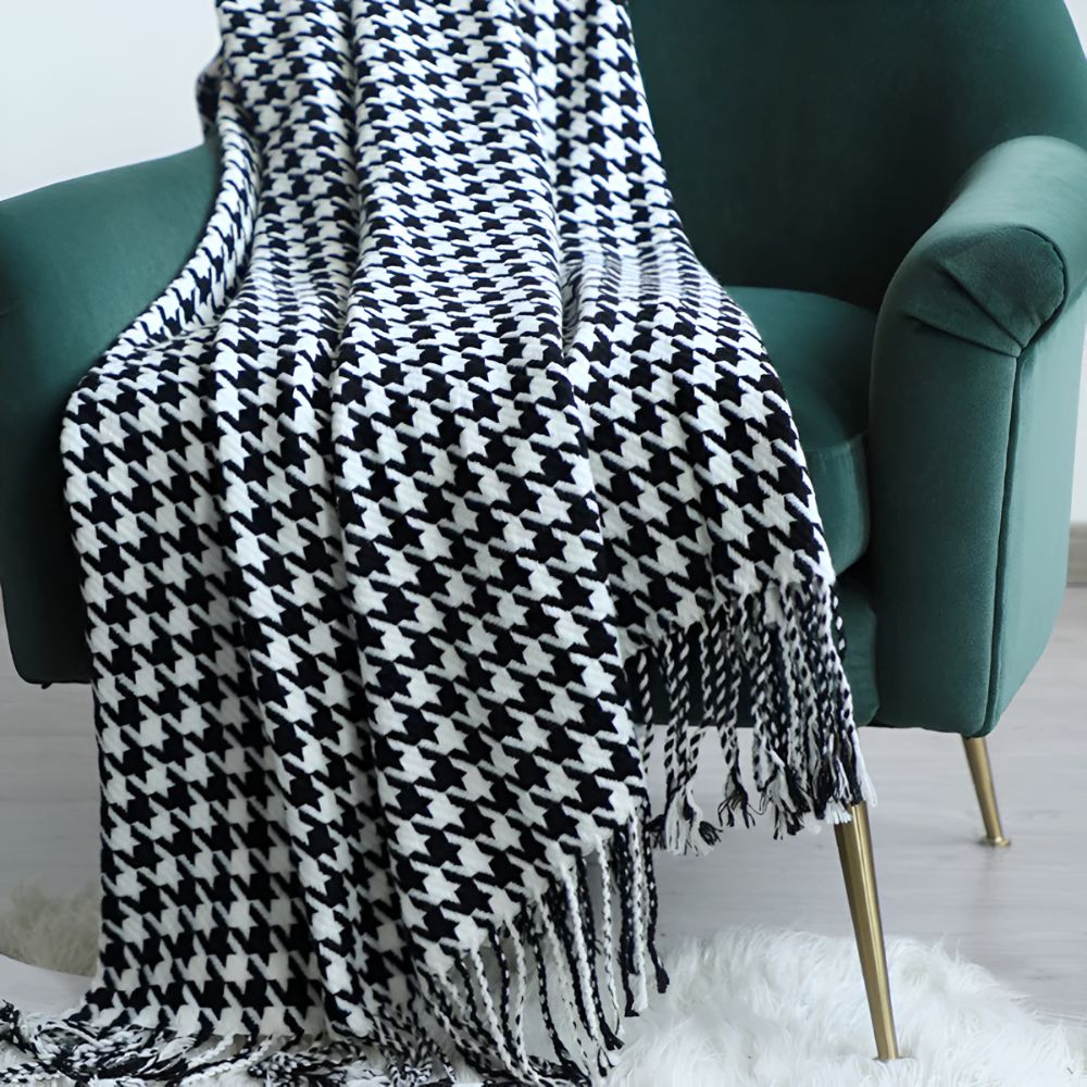 Wollen plaid zwart-wit pied-de-poule met kwasten tijdloos klassiek warm zacht voor bank bed woonkamer | Sulvida