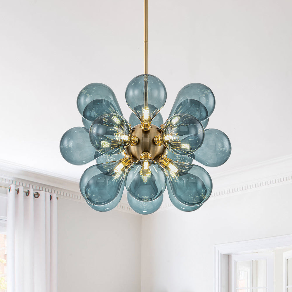 Glazen Kroonluchter 18 Lichtpunten Blauw Goud Eetkamer Woonkamer Decoratief Hanglamp Design Statement | Sulvida