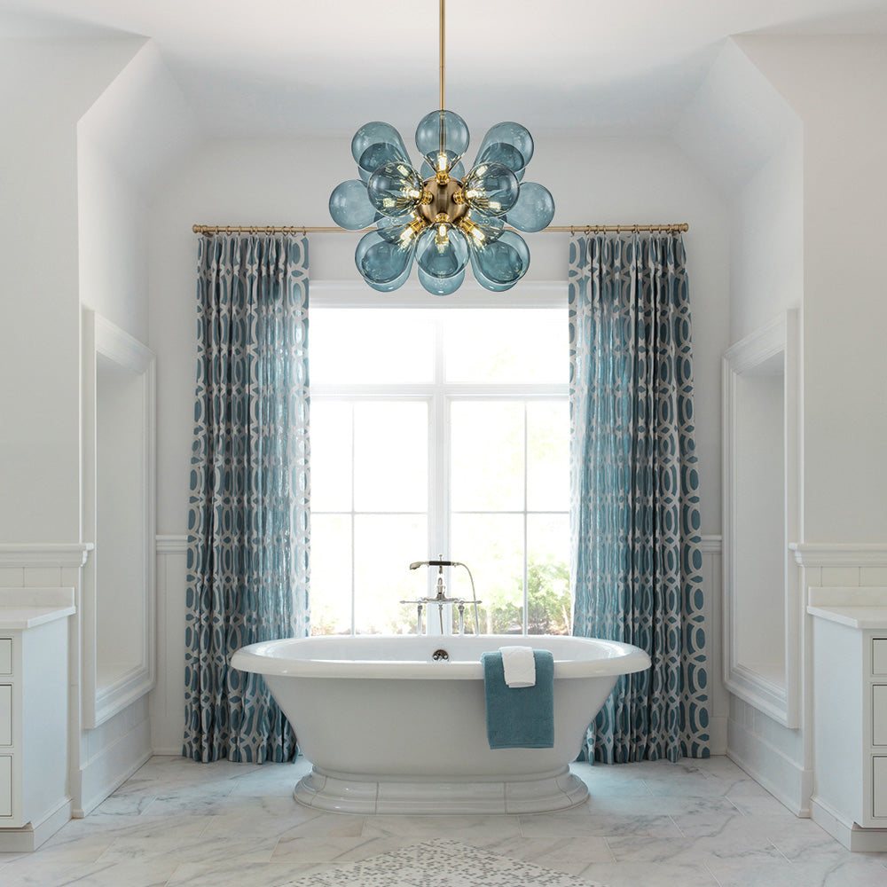 Glazen Kroonluchter 18 Lichtpunten Blauw Goud Eetkamer Woonkamer Decoratief Hanglamp Design Statement | Sulvida