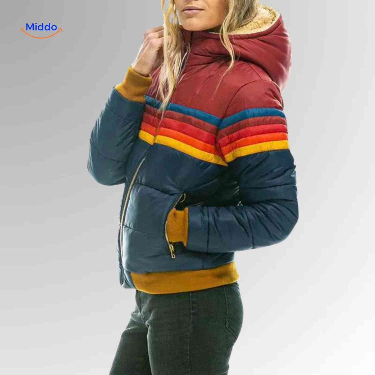 Gewatteerde Damesjas met Capuchon Lichtgewicht Ritssluiting Kleurrijk Retro Design Winterjas Maat XS-3XL | Sulvida