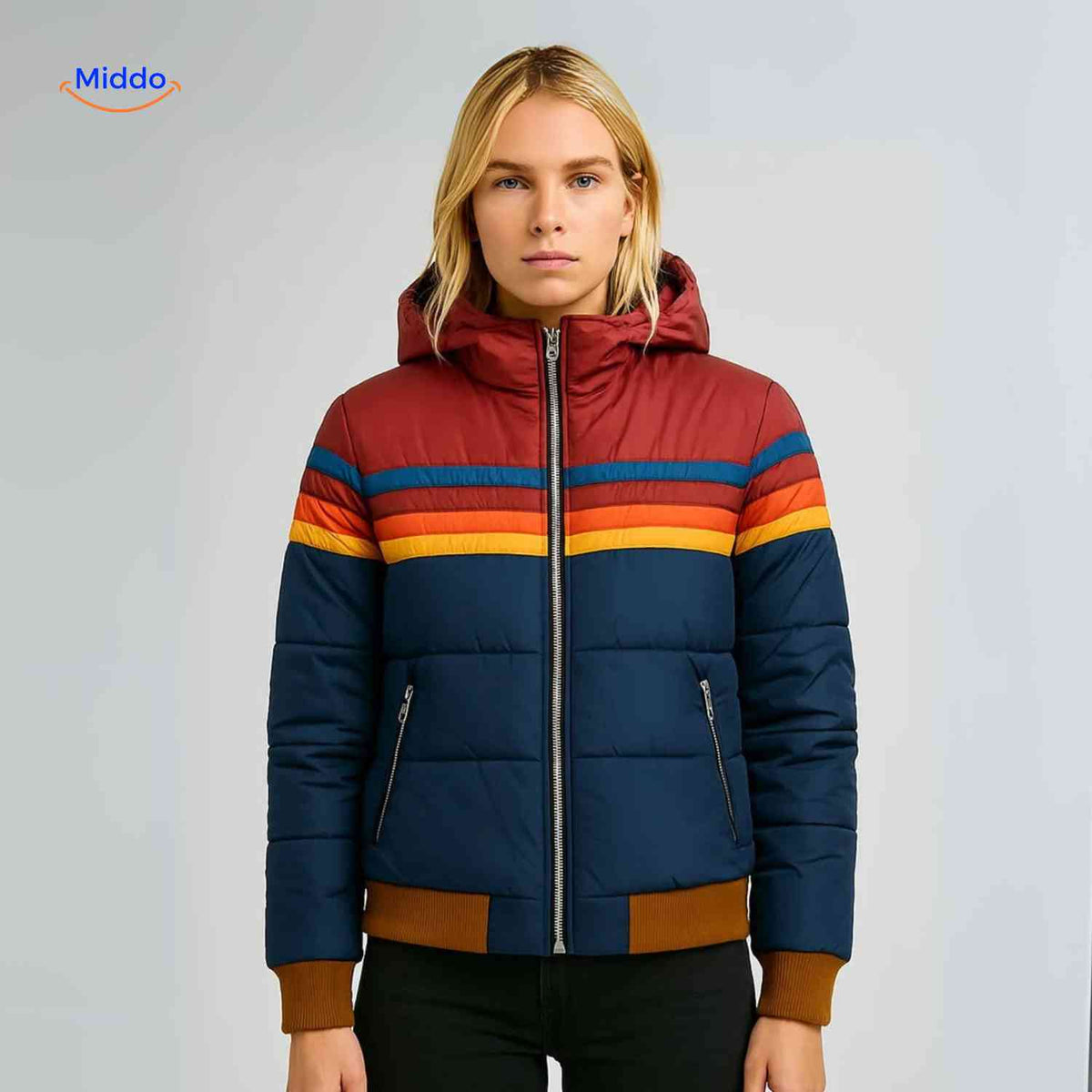 Gewatteerde Damesjas met Capuchon Lichtgewicht Ritssluiting Kleurrijk Retro Design Winterjas Maat XS-3XL | Sulvida