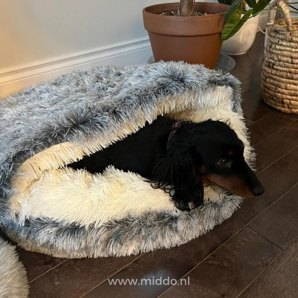 Rond pluche huisdiermand zacht nestbed voor katten en honden groen grijs bruin beige comfortabel ligplekje S M L XL | Sulvida