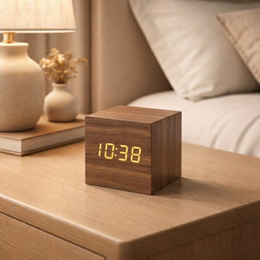 Houten LED Wekker Kubus met Geluidactivering Temperatuurweergave Alarm Functie voor Slaapkamer Nachtkastje | Sulvida