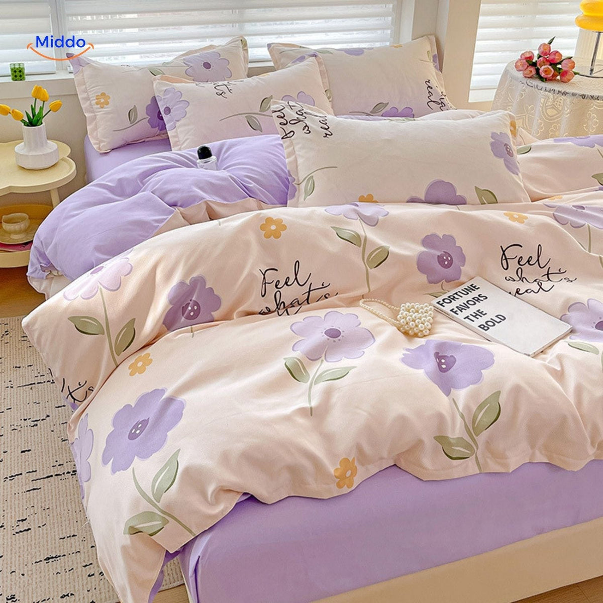 Katoenen Dekbedovertrek Set 4-delig Bloemenprint Pastelkleuren Romantisch Beddengoed Eenpersoons Tweepersoons King | Sulvida