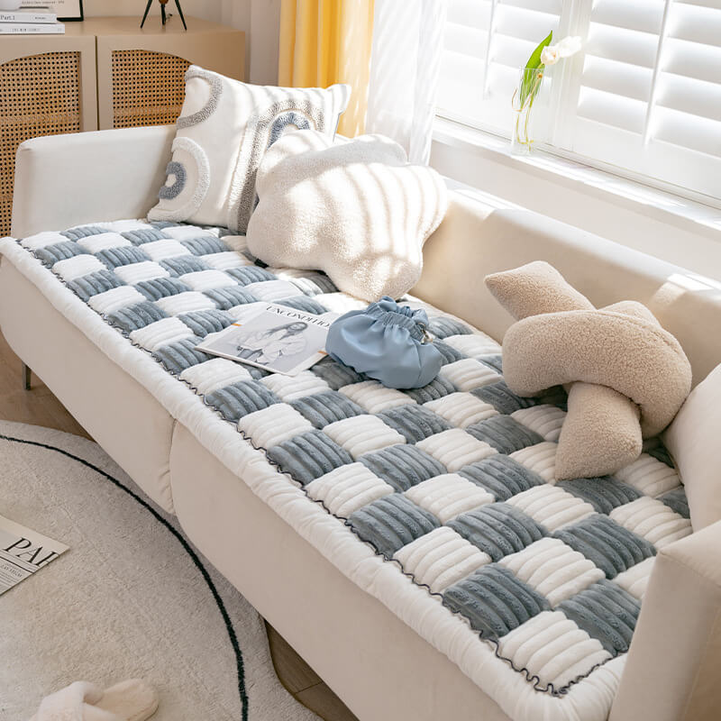 Chenille Huisdierenmat Vierkant Geruit Crème 50x50 cm Anti-slip Wasbaar Hondendeken Kattenmat Beschermer | Sulvida
