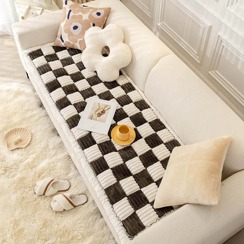 Chenille Huisdierenmat Vierkant Geruit Crème 50x50 cm Anti-slip Wasbaar Hondendeken Kattenmat Beschermer | Sulvida
