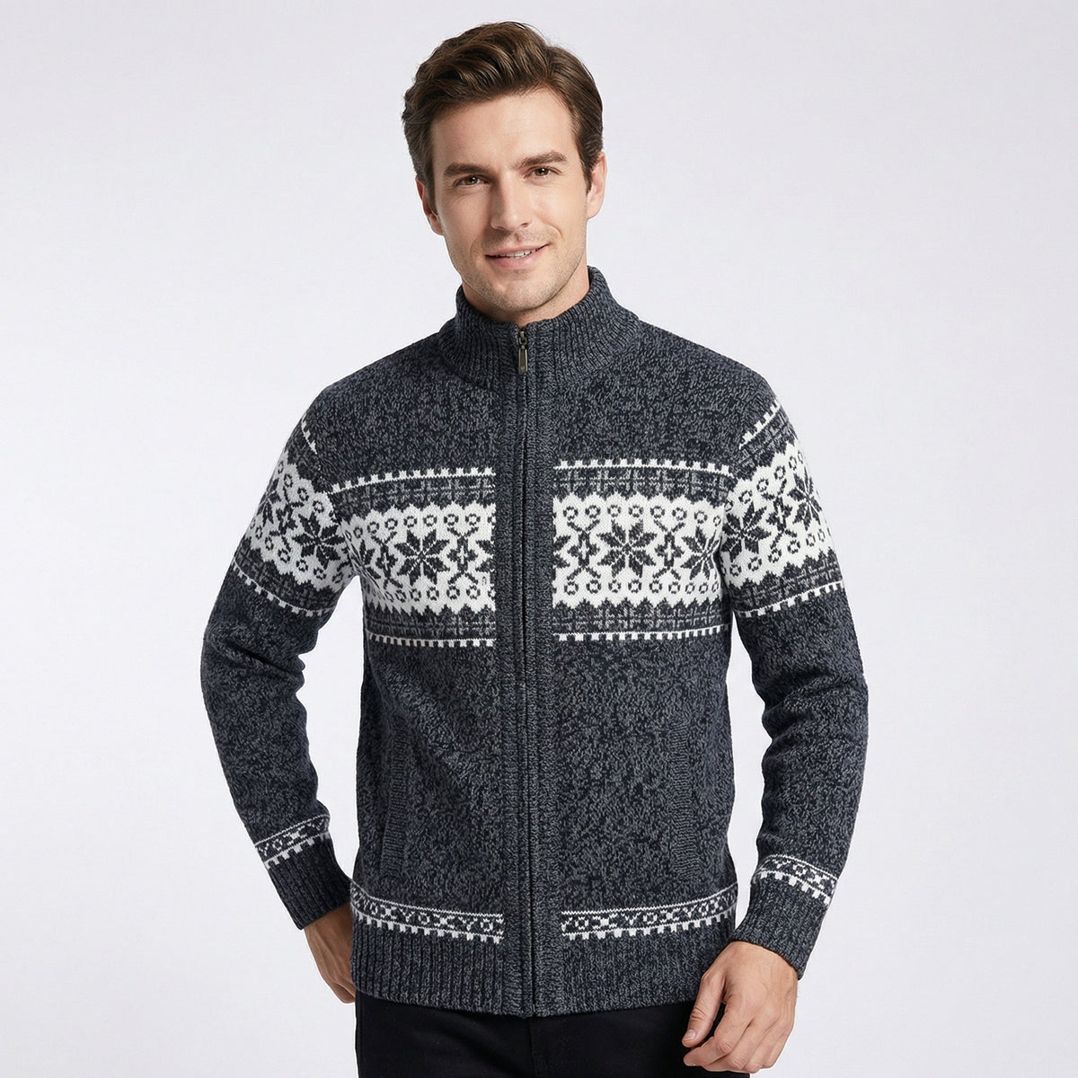 Gebreide Herenvest met Hoge Kraag en Rits Winterpatroon Scandinavisch Design Warme Cardigan Herfst Winter | Sulvida