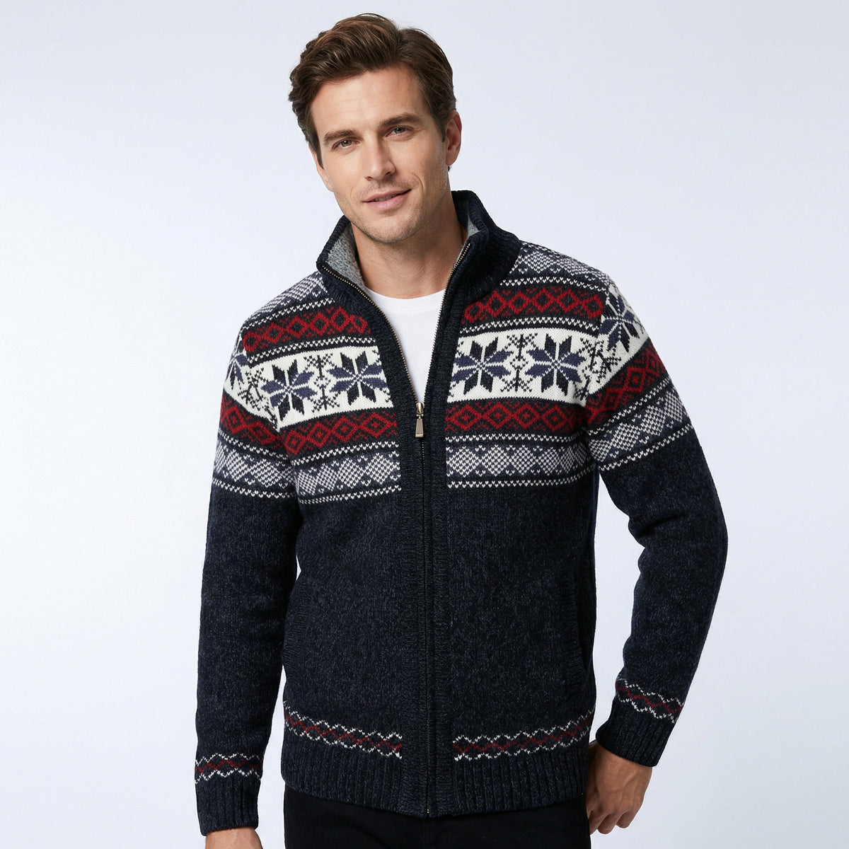 Gebreide Herenvest met Hoge Kraag en Rits Winterpatroon Scandinavisch Design Warme Cardigan Herfst Winter | Sulvida