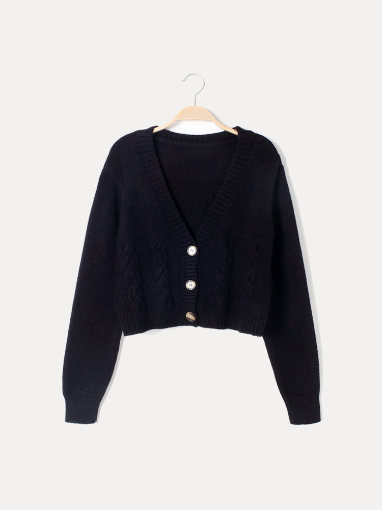 Gebreide Cardigan Vest Dames Kort met Hoornknoppen V-Hals Ribbel Afwerking Casual Everyday Loungewear | Sulvida