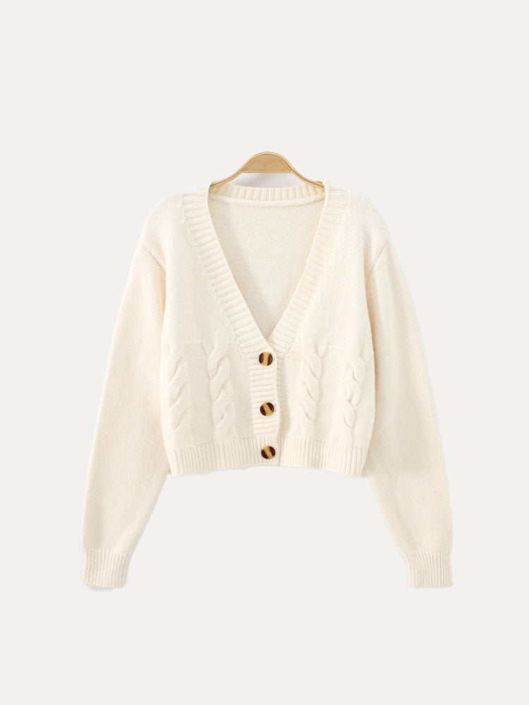 Gebreide Cardigan Vest Dames Kort met Hoornknoppen V-Hals Ribbel Afwerking Casual Everyday Loungewear | Sulvida
