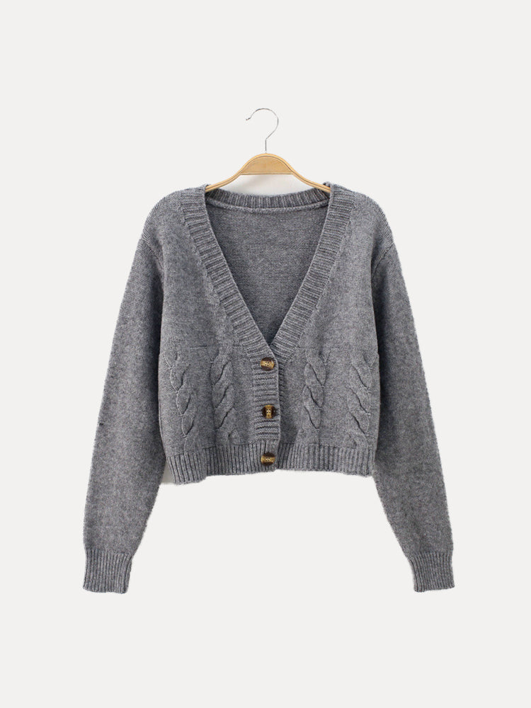 Gebreide Cardigan Vest Dames Kort met Hoornknoppen V-Hals Ribbel Afwerking Casual Everyday Loungewear | Sulvida