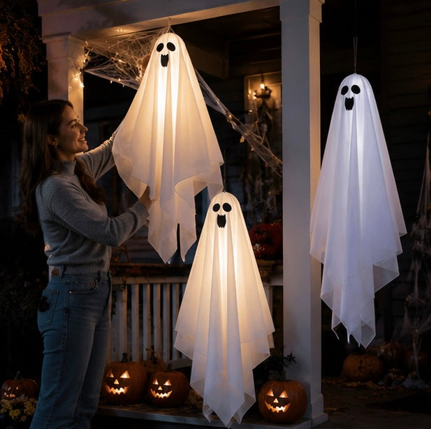 Hangende Spookfiguren Set van 3 Stuks Wit Gaas Halloween Decoratie Binnen & Buiten Griezelversiering | Sulvida