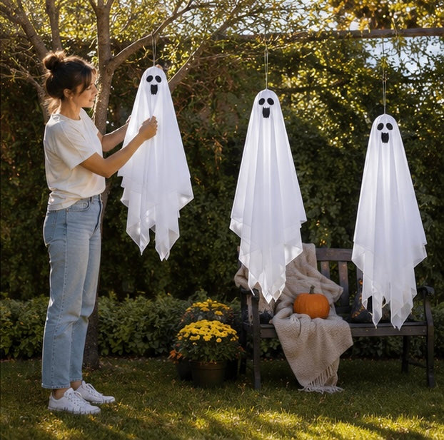 Hangende Spookfiguren Set van 3 Stuks Wit Gaas Halloween Decoratie Binnen & Buiten Griezelversiering | Sulvida