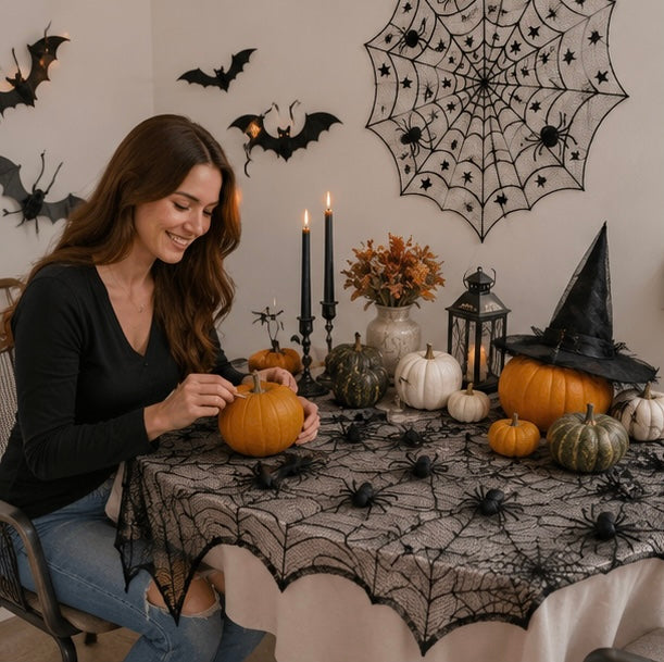 Gothic Spinnenweb Tafelkleed Zwart Kant 45x185cm - Halloween Schoorsteenmantel Tafelloper Decoratie Feest | Sulvida