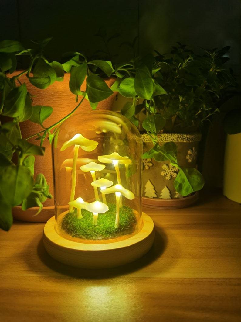 DIY Paddenstoellamp Glas Hout Batterij Tafellamp Warm Wit LED Nachtlampje Creatief Decoratief Woonkamer | Sulvida